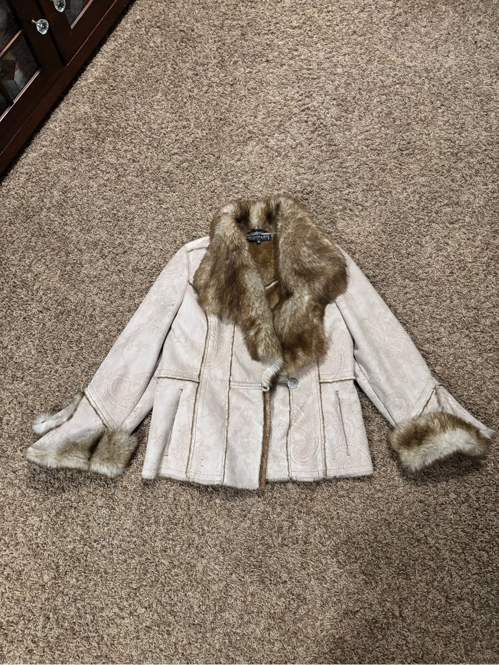 St. John's Bay Cream Jacket with Brown Faux-Fur Trim